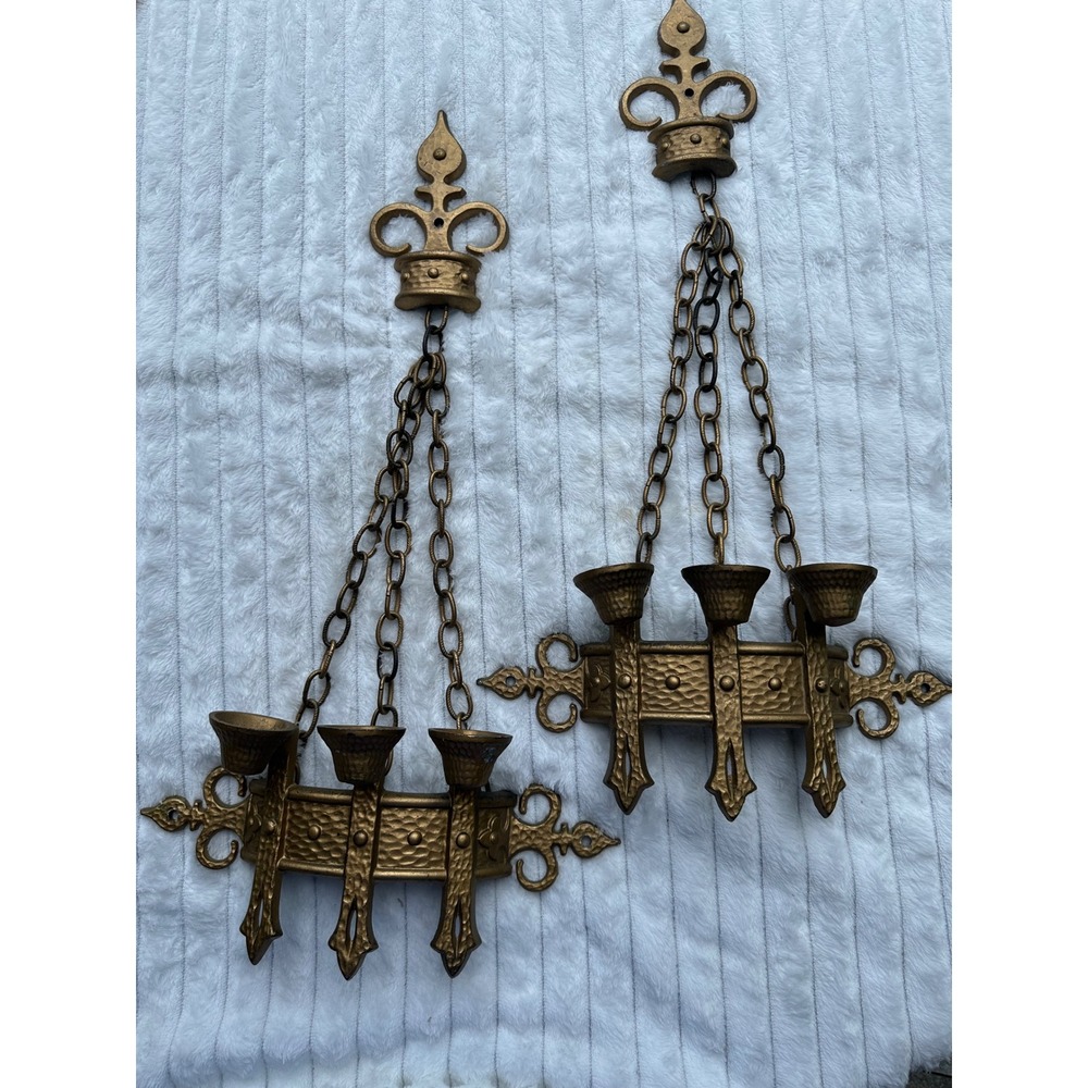Vintage Sexton 1967 MCM Gold Cast Metal Hanging Wall Sconces Pair Fleur De Lis